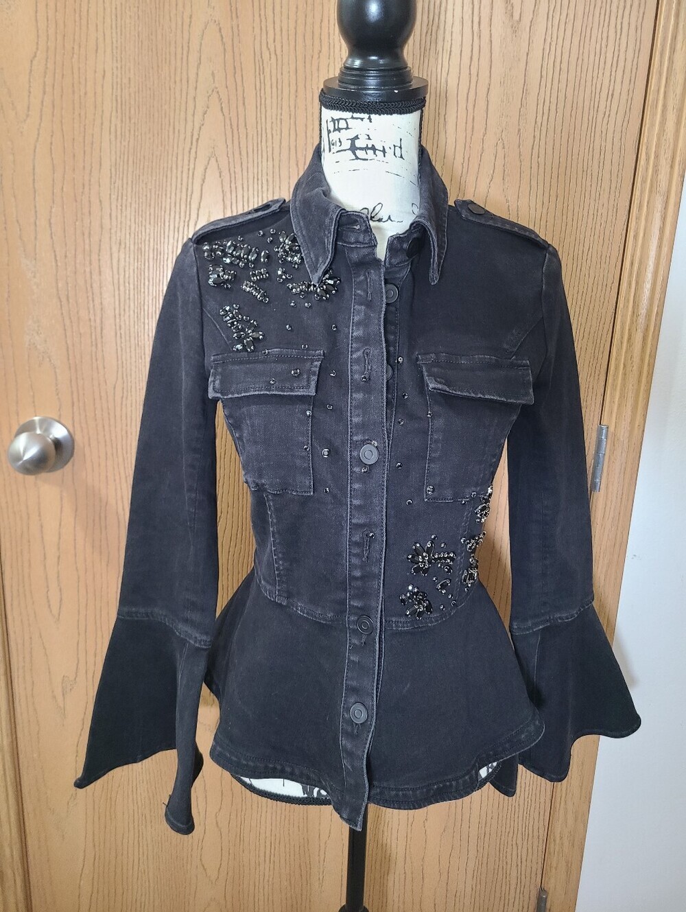 Scripted Black Denim Rhinestone Peplum Bell Sleeve Boho Jacket